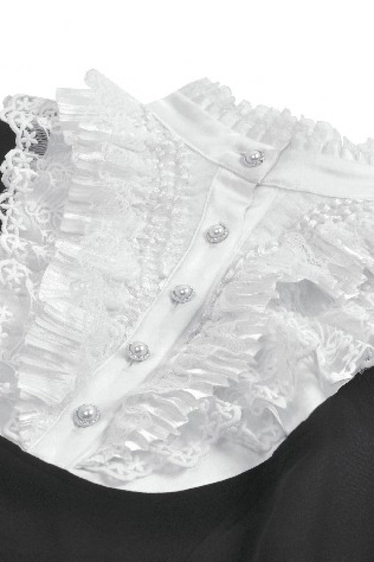 Monochrome Gothic Royal Blouse with Lace Ruffles and Stand Collar