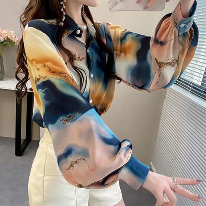 Fashion Colorblock Tie-dye Print Puff Sleeve Shirt