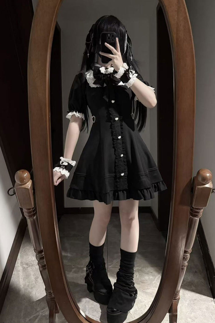 Black Short Sleeve Ruffled Bow Stitching Lace Gothic Plus Size Jirai Kei Dress