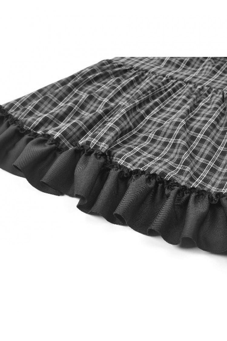 Monochrome Gothic Lolita Dress with Plaid, Stand Collar, and Lace-Up Front