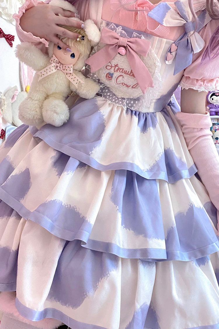 Blue Sleeveless Triple Layer Cow Print Ruffle Bow Sweet Jsk