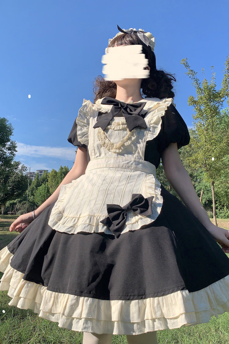 Black/White Maid Long Sleeve Bow Accent Sweet Short Lolita Dress