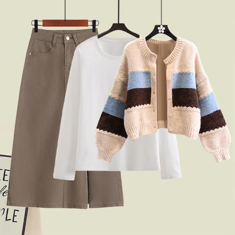 Colorblock Stripe Cardigan Sweater Shirt Denim Skirt