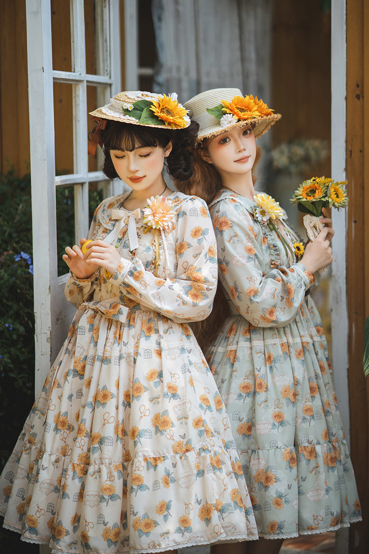 Green Sunflower Long Sleeve Floral Bow Elegant Lolita Dress