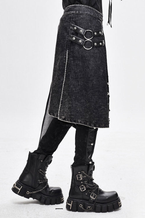 Men's Punk Rock Skirt with Metal Nails, Worn Corduroy and Wrapped Loops