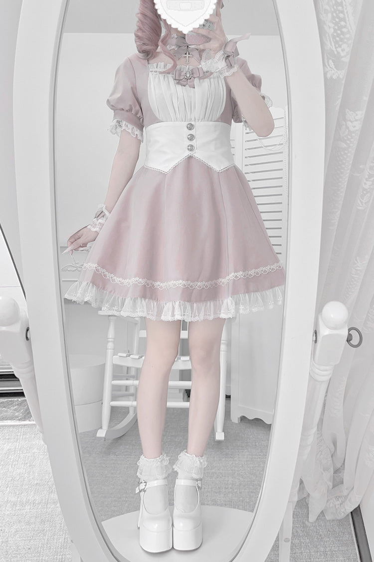 Pastel Pink Short Sleeve Ruffle Bow Cross Waist Maid Sweet Japanese Dress Set