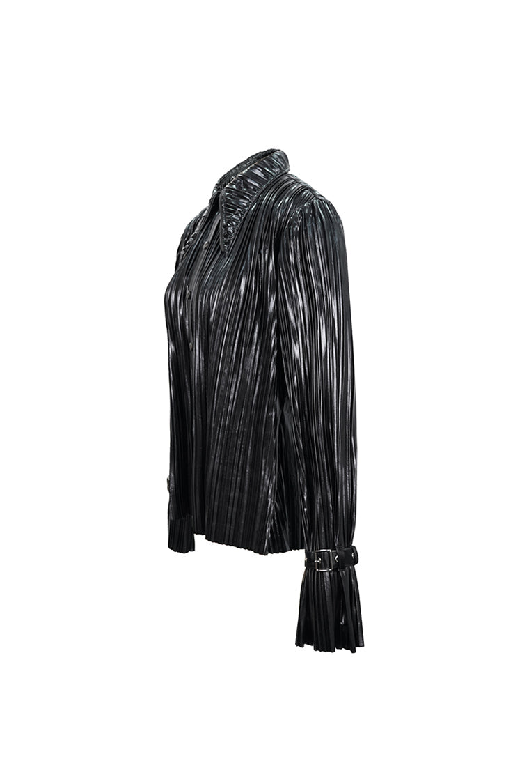 Edgy Studded Cuff Punk Blouse with Pleated Pointed Collar