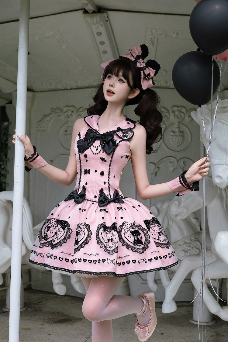 Pink Halter Sleeveless Embroidered Bow Lolita Gown - Sugar Bear