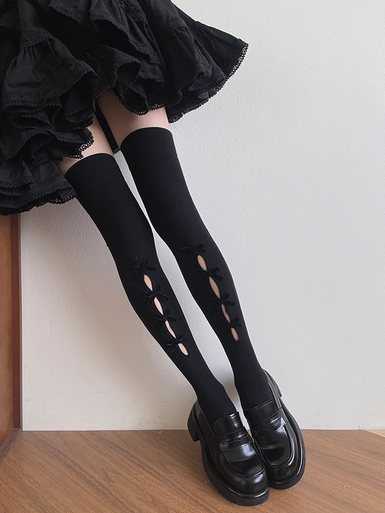 Black/White Overknee Design Cut-out Bowknot Stockings