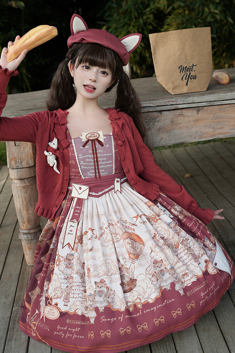 Wine Red Fox Print Square Collar Bowknot Classic Lolita Jumper