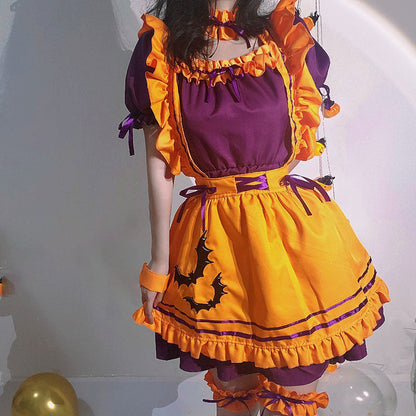 Cute Bat Embroidery Lace Up Ruffled Maid Dress