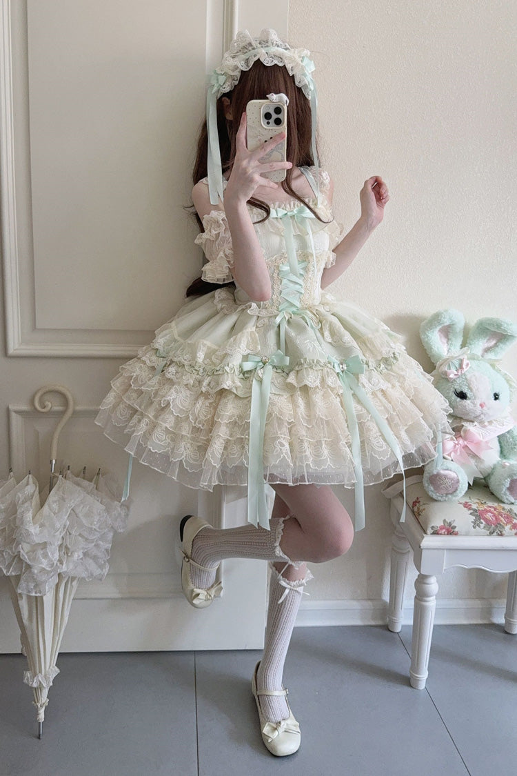 Emerald Sleeveless Layered Ruffle Bow Lace Corset Ballet Jumper Dress - Ribbon Heart Love