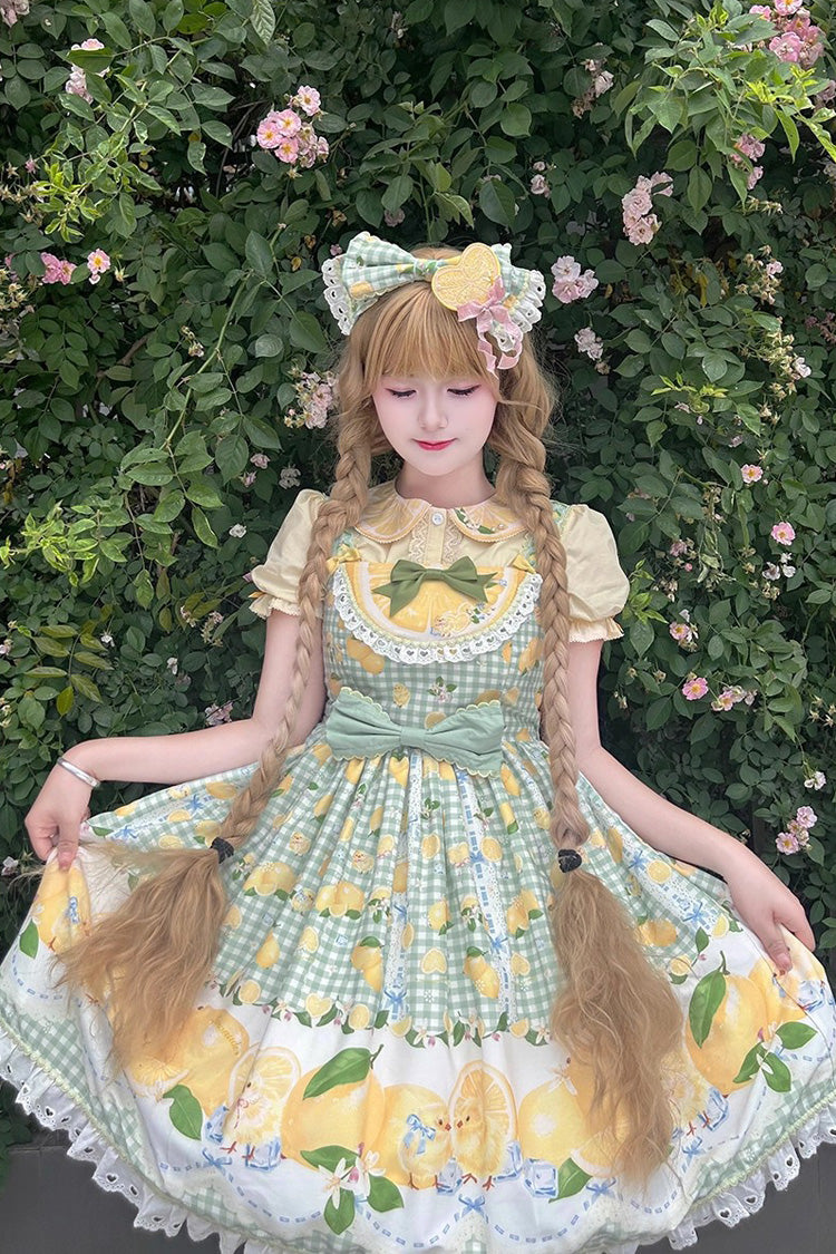 Verdant Printed Ruffle Bow Lace Sweet Jumper Dress - Lemon Chicken