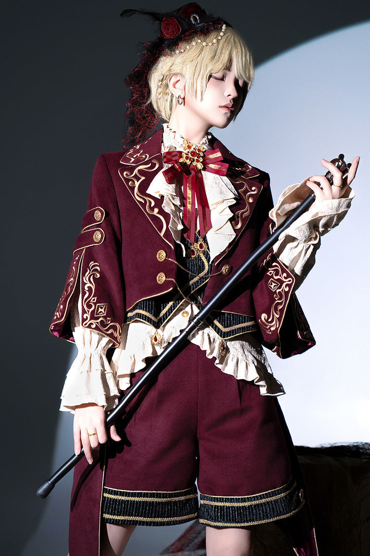 Crimson Royal Heir Embroidery Military Elegant Handsome Ouji Lolita Coat Blouse Shorts Set
