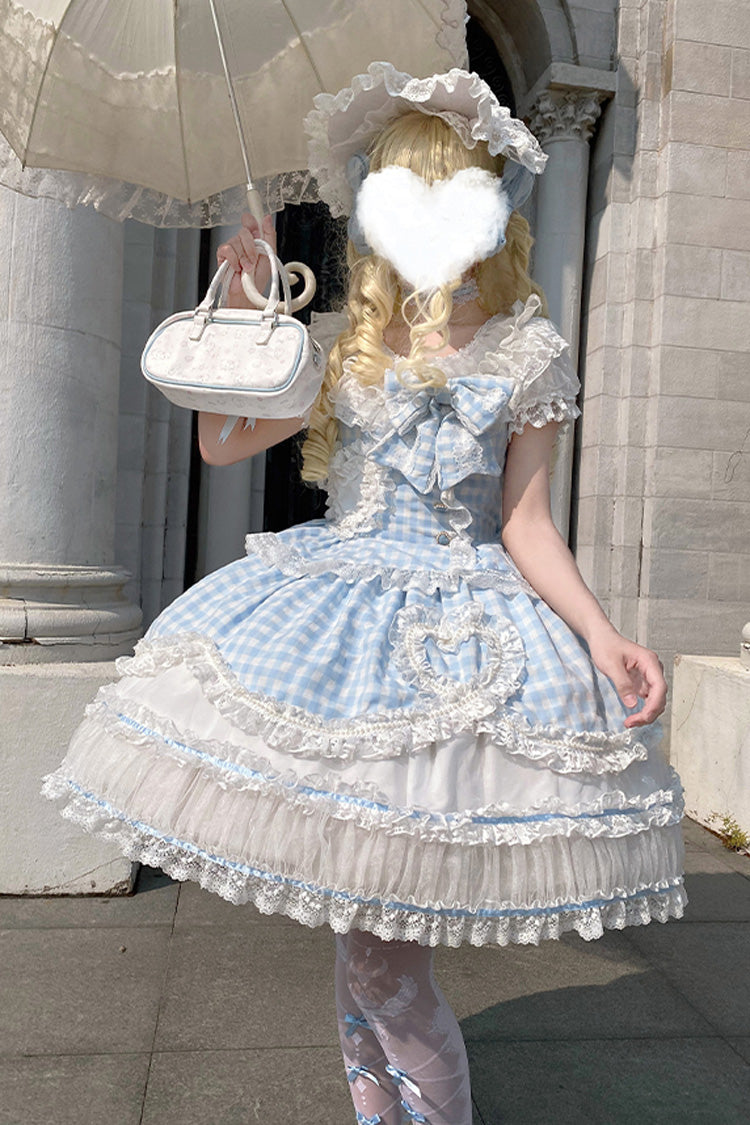 Tea Break Sweetheart Short Sleeve Plaid Print Ruffle Sweet Lolita Gown