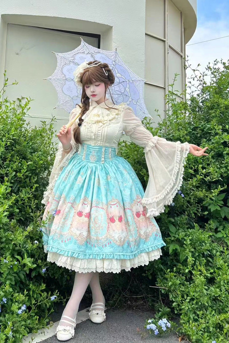 Blue Moonlit Garden Print Ruffle Lace Sweet Palace Lolita Skirt