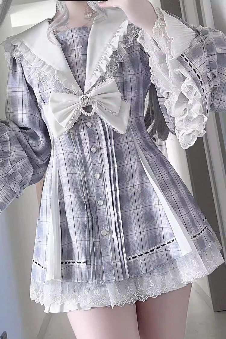 Square Collar Long Sleeves Bow Lace Pearl-Decorated Sweet Jirai Kei Dress and Short Set