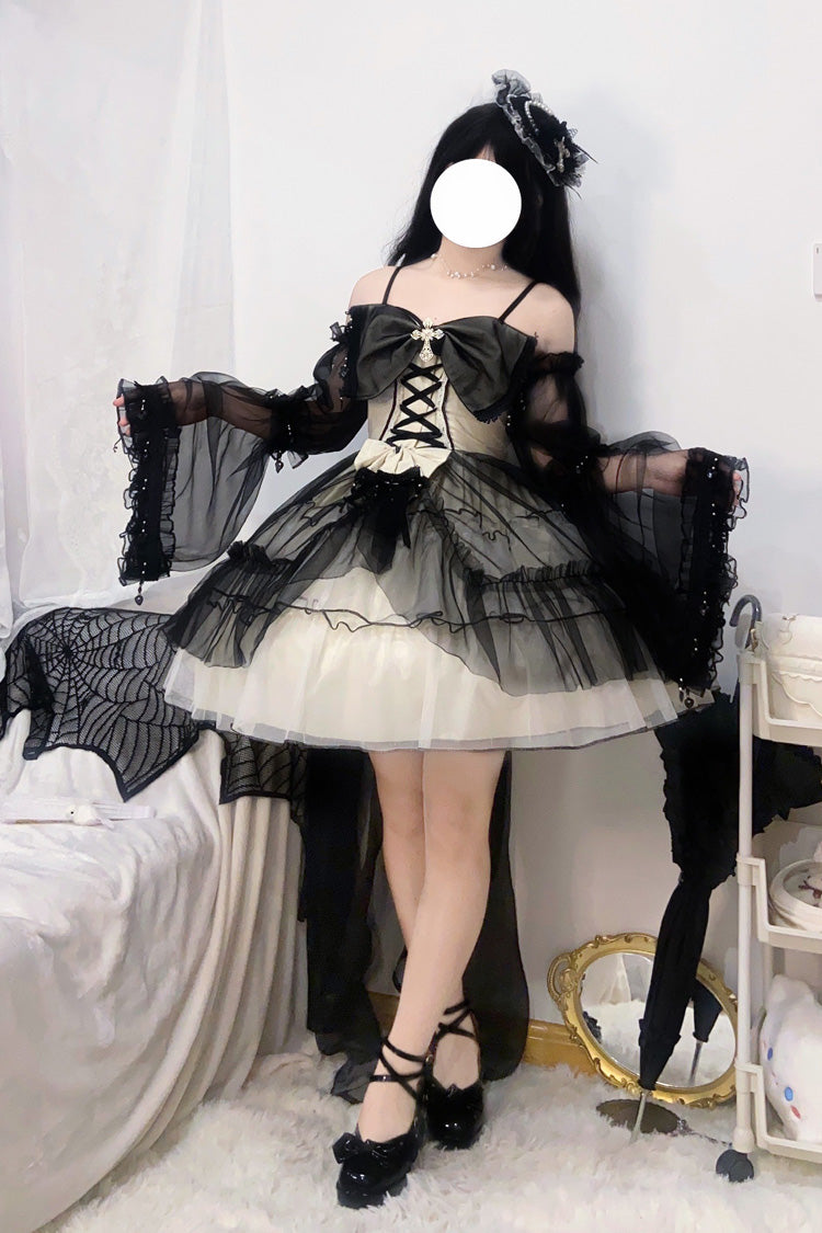 Monochrome Gothic Plus-Size JSK with Lace-Up Front and Hanayome Ruffles - Short