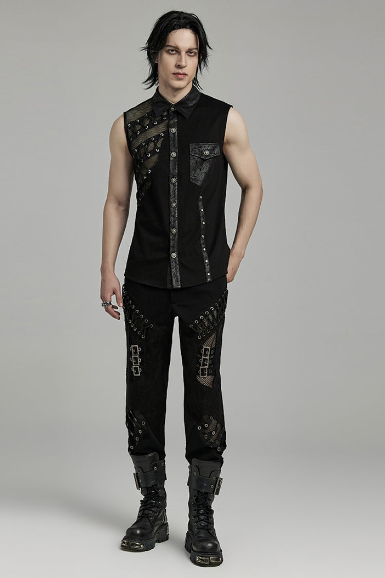 Men's Punk Vest with Hollow Stitching Lace-Up Mesh Design