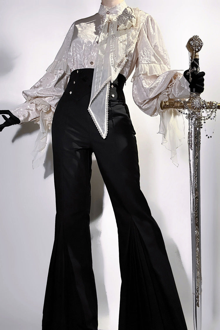 Noir Stand Collar Long Puff Sleeve Ruffled Embroidered Bow Prince Set - The Rose and the Sword
