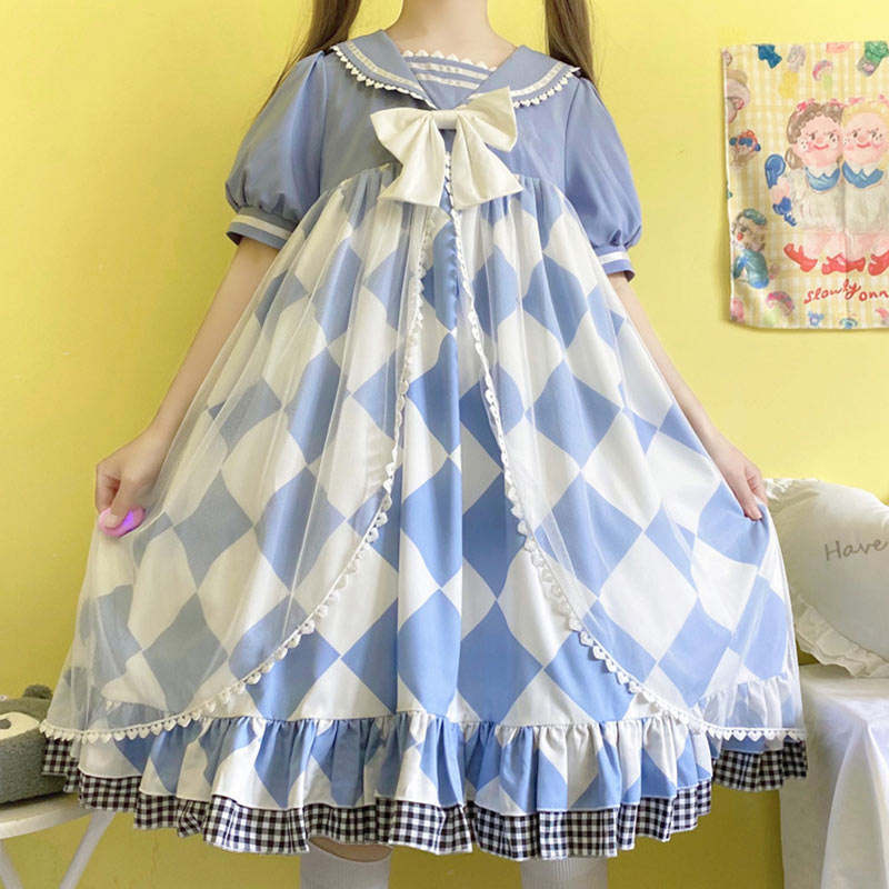 Sweet Bow Square Print Navy Collar Lolita Dress