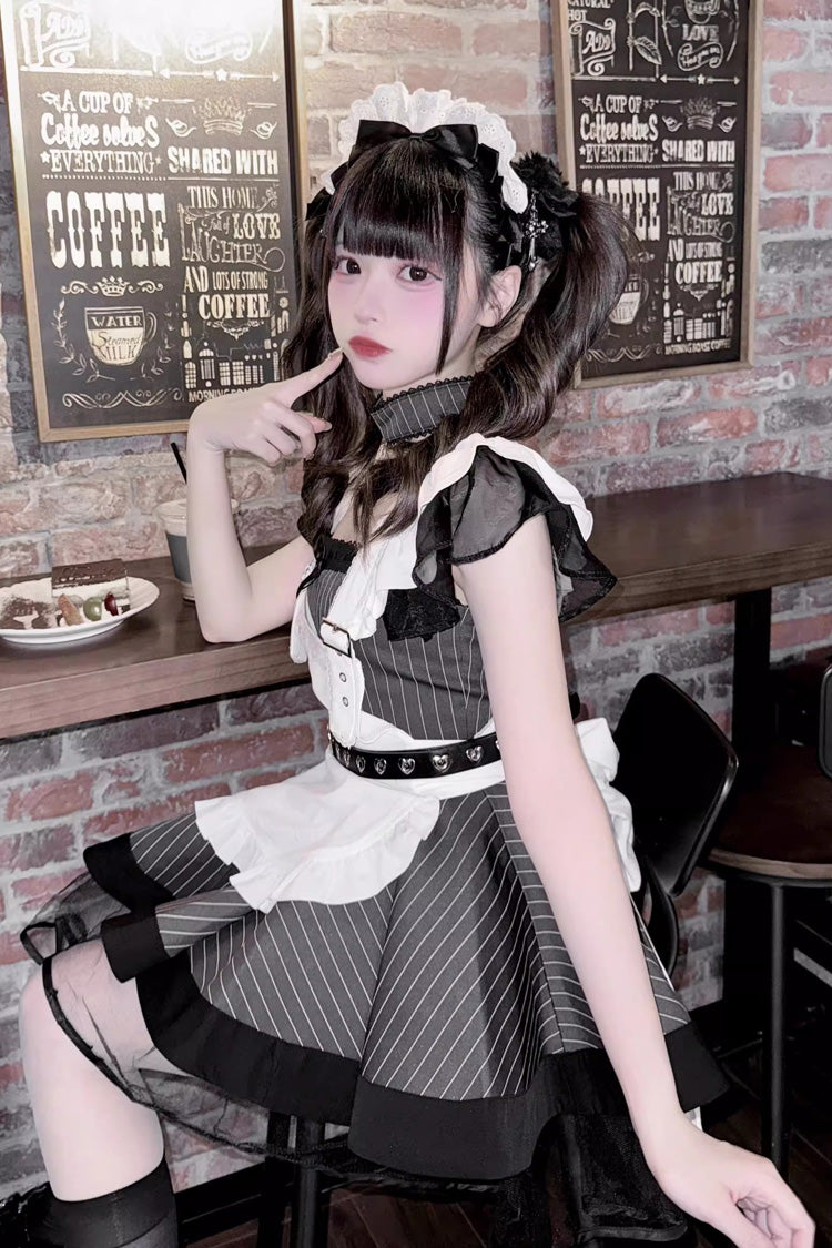 Jirai Kei Dress with Stripe Print, Ruffle, Short Sleeves, Grey/Black