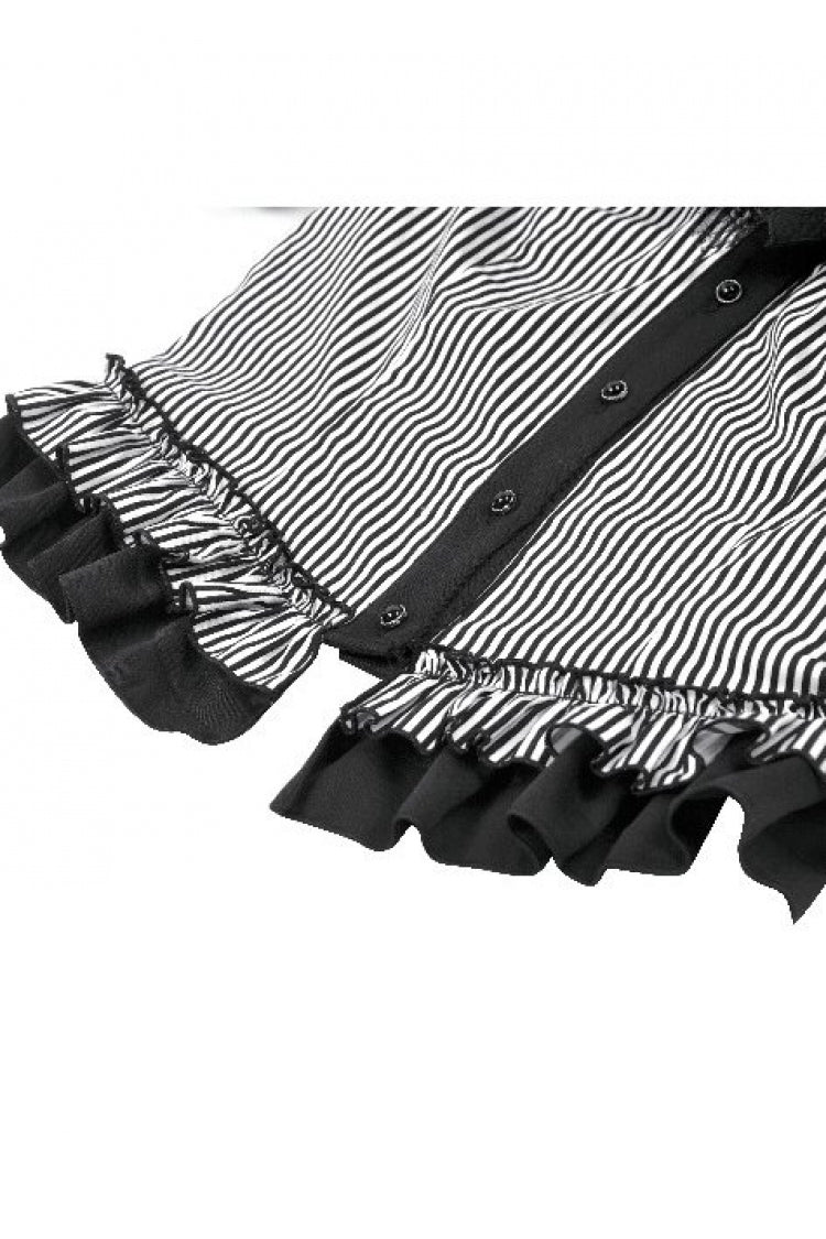 Monochrome Preppy Swallow-Tailed Blouse with Pinstripes and Detachable Tie