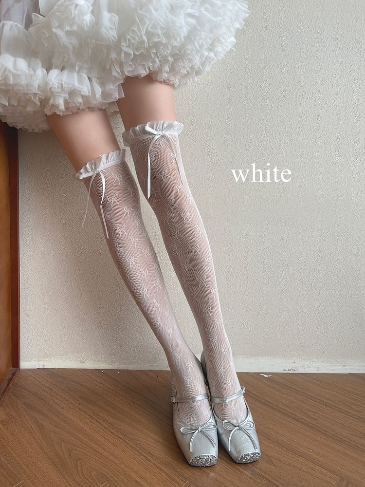 Trim White/Light Details Bowknot Stockings Overknee Lace Yellow/Black