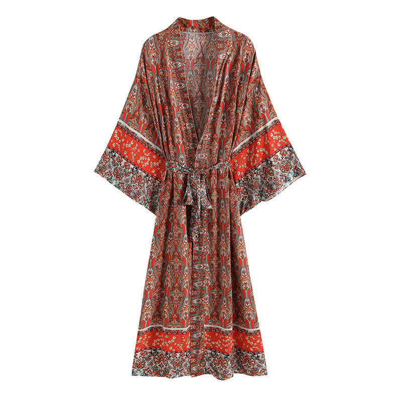 Boho Vintage Red Print Belt Robe Cardigan Outerwear