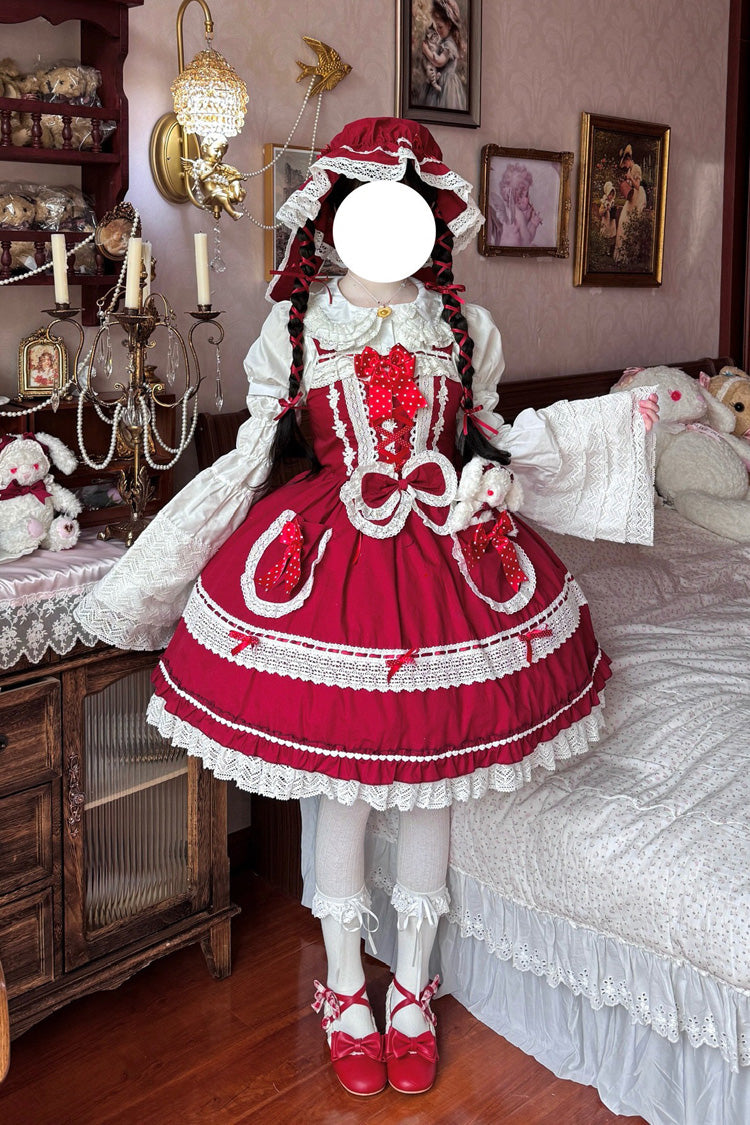 Red [Bobo Bunny Doll] Printed Ruffled Bow Lace-Up Sweet Lolita Jsk Dress 2 Colors