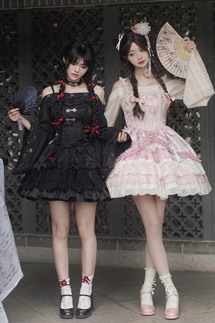 Gothic Chinese Lolita Skirt with Bamboo Leaves Print, Ruffles and Lace