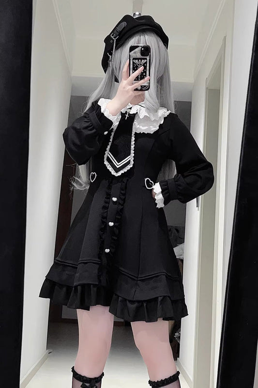 Black Short Sleeve Ruffled Bow Stitching Lace Gothic Plus Size Jirai Kei Dress