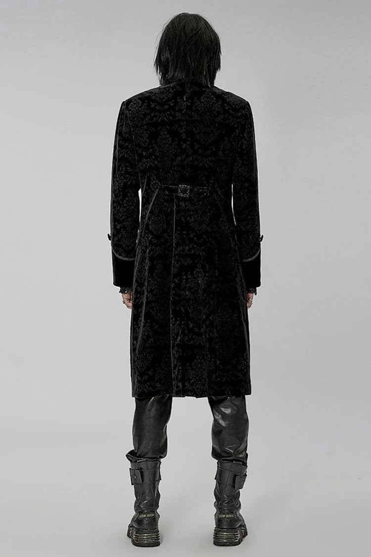 Velveteen Print Stand-Collar Lace-Trimmed Punk Long Coat
