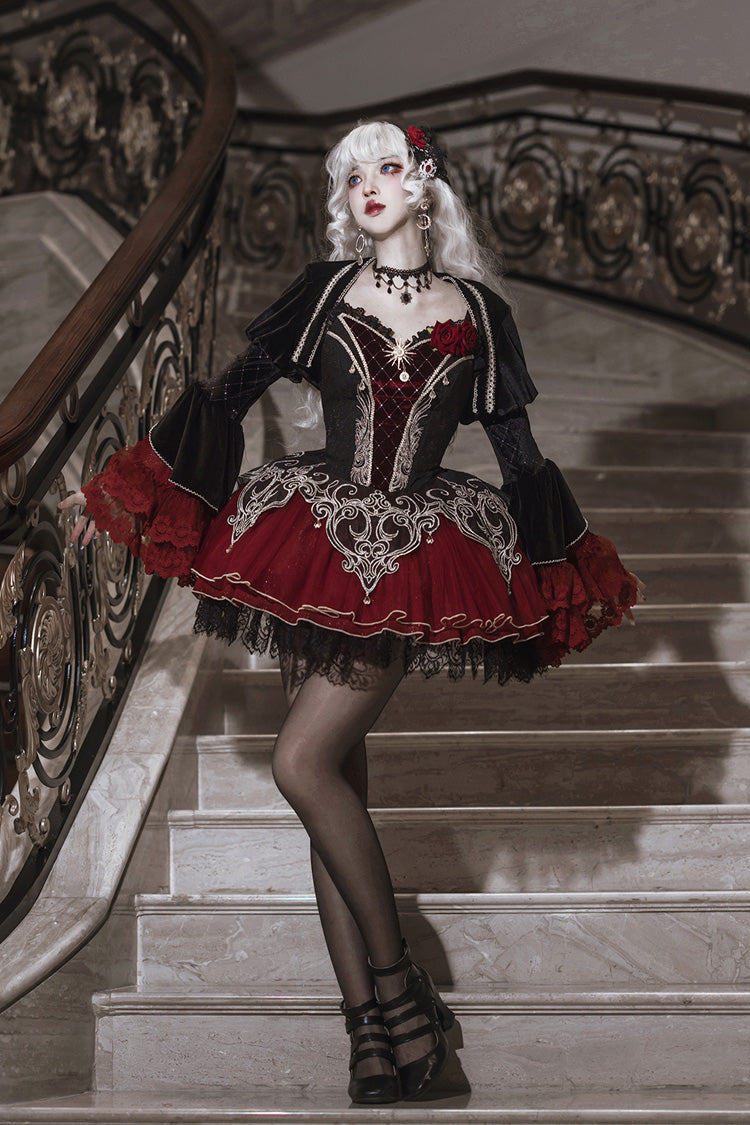 Black Red Blood Clan Feast Ruffle Embroidery Lace Gothic JSK Set