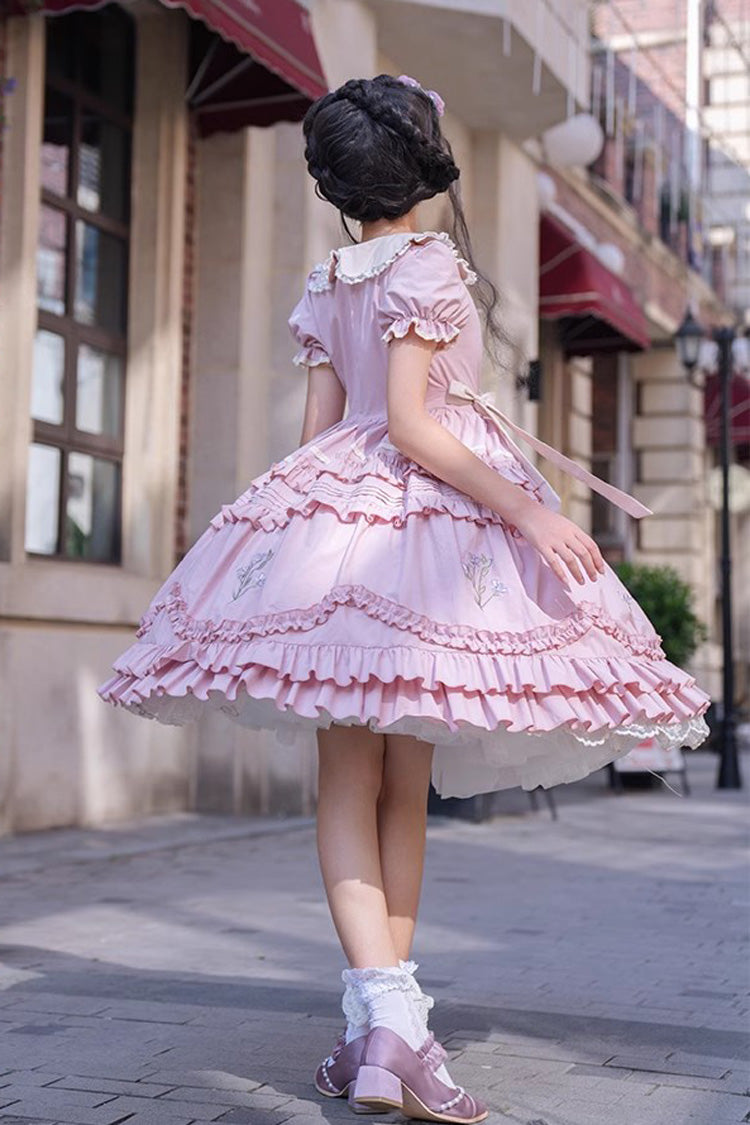 Pink Doll Collar Dress with Iris Embroidery - Sweet