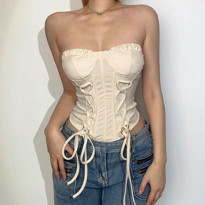 Y2K Beige Lace Up Corset