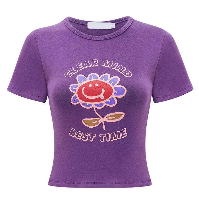 Purple Big Flowers Graphic Crop Top