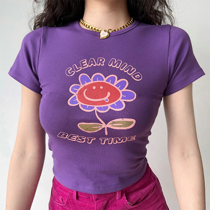 Purple Big Flowers Graphic Crop Top