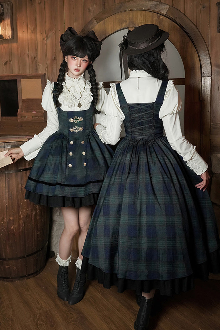 Berlin's Letter Double-Layered Plaid Ruffle Bowknot College Strap Dress