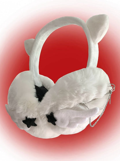 Black White Y2K Cat Ear Star Wing Plush Earmuffs