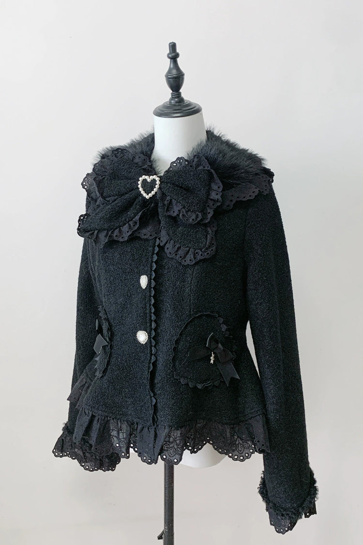 Diamond Strawberry Long Sleeve Bow Lace Pearl-Adorned Sweet Jirai Kei Lolita Coat in Three Colors