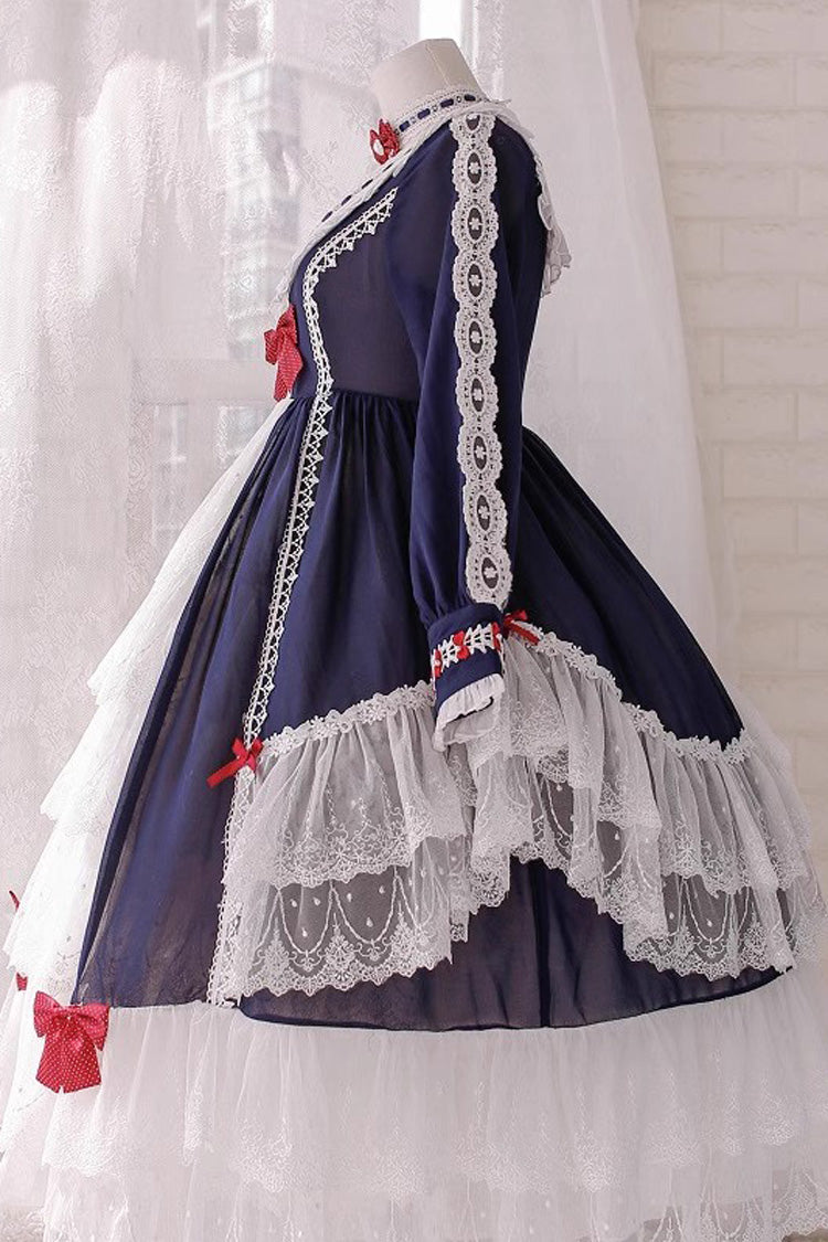White-Blue Sweet Princess Lolita Long Sleeve Multi-Layer Ruffle Cardigan Dress