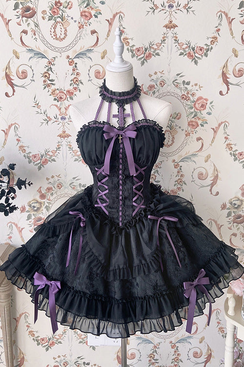 Purple-Trimmed Sleeveless Bow Ruffled Layered Lolita Gown