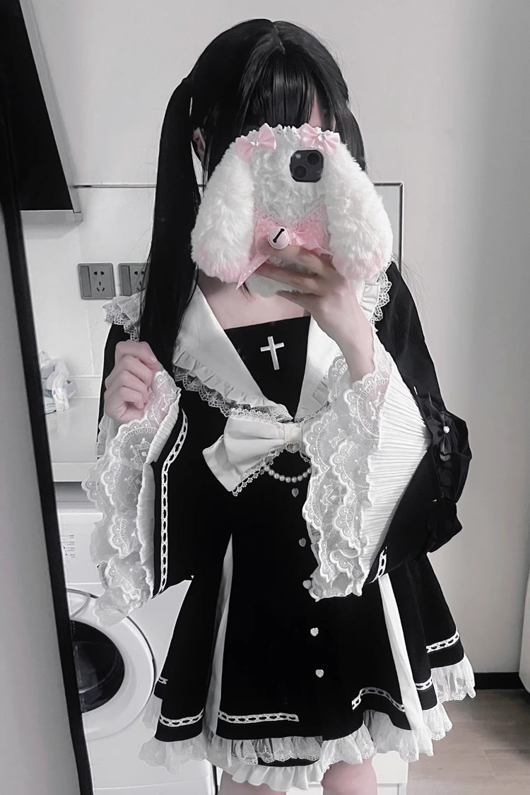 Square Collar Long Sleeves Bow Lace Pearl-Decorated Sweet Jirai Kei Dress and Short Set