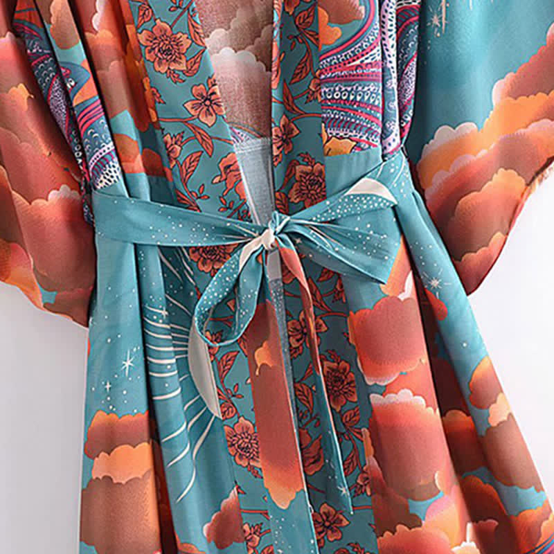 Boho Beach Moon Print Belt Robe Long Cardigan Kimono Outerwear