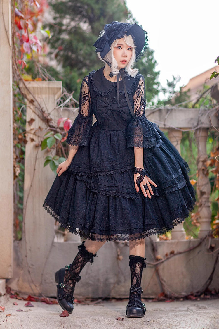 Black Gothic Lolita Dress with Tower of Dawn Bowknot and Ruffled Sleeveless
