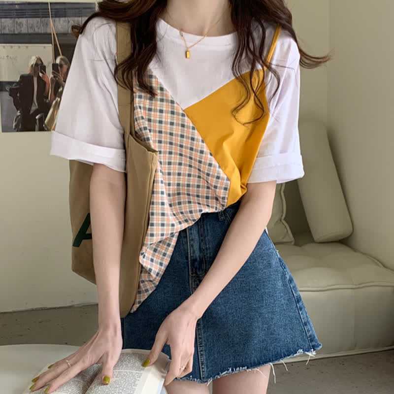 Chic Colorblock Round Collar T-Shirt Pocketed Denim Shorts modakawa