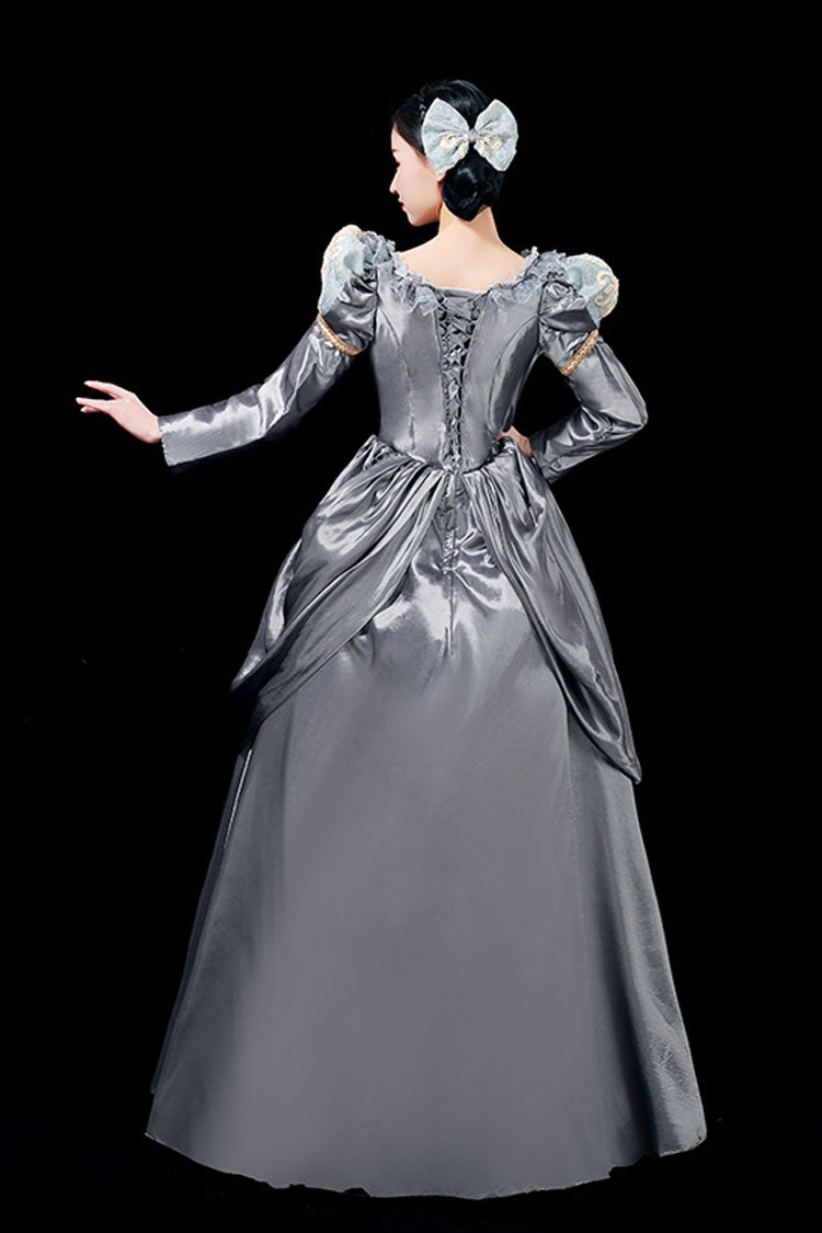 Gray Floral Print Victorian Gown with Boat Neck - Long Sleeves
