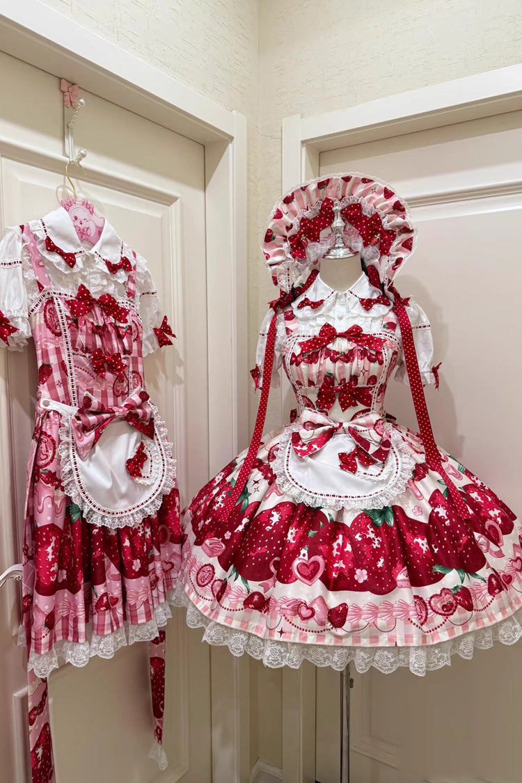 Dream to Strawberry Print Ruffled Bow Lace Sweet Lolita JSK Dress - 4 Colors