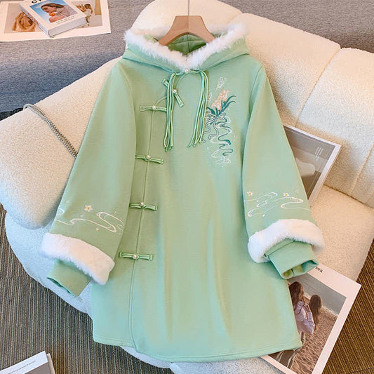 Delicate Flower Embroidery Buckle Plush Hooded Sweatshirt Dress